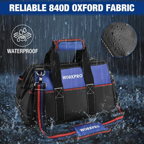 Miniatura 6 de WORKPRO - Bolso de herramientas de 16 pulgadas con abertura ancha, tela resistente con base moldeada impermeable, correa de hombro ajustable Azul