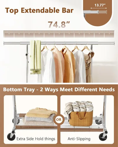 Miniatura 7 de Hoctieon Perchero de montaje de 1 minuto, 480 libras, percheros de ropa rodantes resistentes con ruedas, perchero plegable para ropa, barra Plata