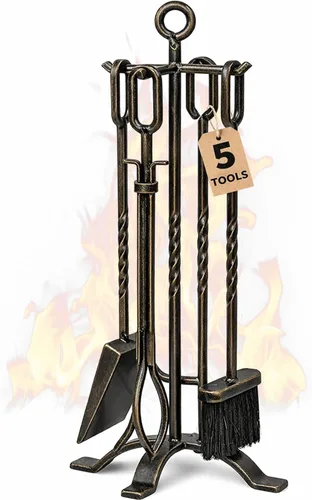 Miniatura 8 de Amagabeli - Juego de 5 herramientas de chimenea de hierro forjado para interiores con pinzas de póquer, escoba y pala, herramientas de fuego, juego