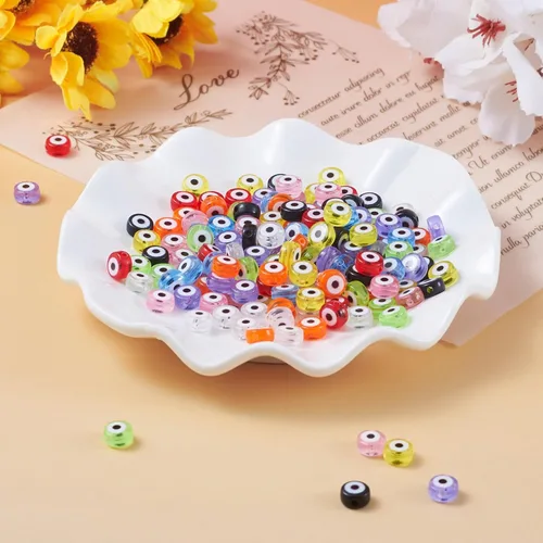 Miniatura 6 de Craftdady 180 cuentas planas redondas acrílicas de ojo malvado de 9 colores, cuentas de ojo de sabiduría de la suerte, cuentas espaciadoras sueltas