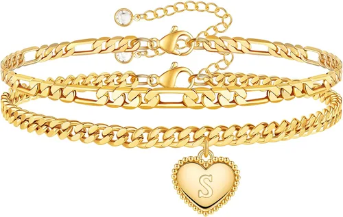 BRIJEWLIC Tobilleras de oro con inicial para mujer, chapadas en oro de 14 quilates, tobillera de oro con dije de inicial de corazón para mujer,