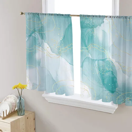 Miniatura 6 de Sheer Curtains 63 Inch Long Teal Marble Golden Lines Modern Ombre Abstract Rod Pocket Voile Semi-Sheer Window Treatment Drapes for Bedroom Nursery