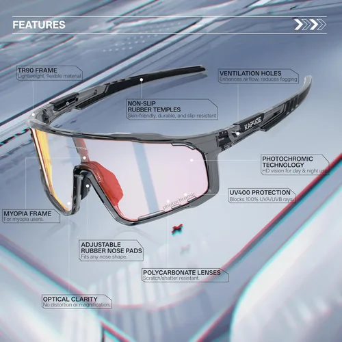 Miniatura 4 de KAPVOE Gafas de ciclismo fotocromáticas para hombres y mujeres, gafas de sol deportivas, marco de decoloración HD, gafas de bicicleta K76 Gris Negro