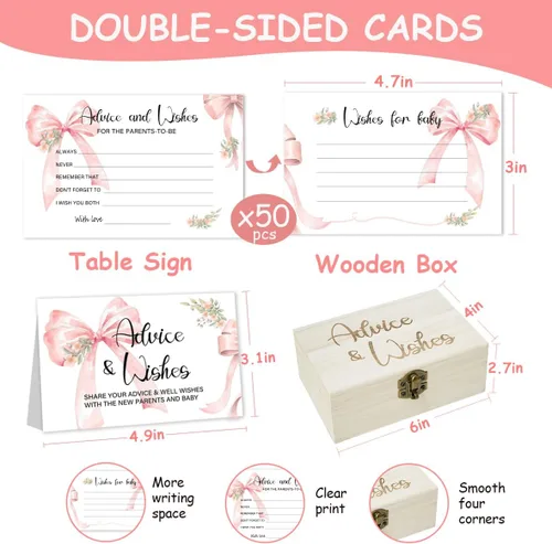 Miniatura 2 de 50 tarjetas de consejos de baby shower con lazo rosa para juegos de baby shower, consejos de lazo y tarjetas de deseos para padres nuevos