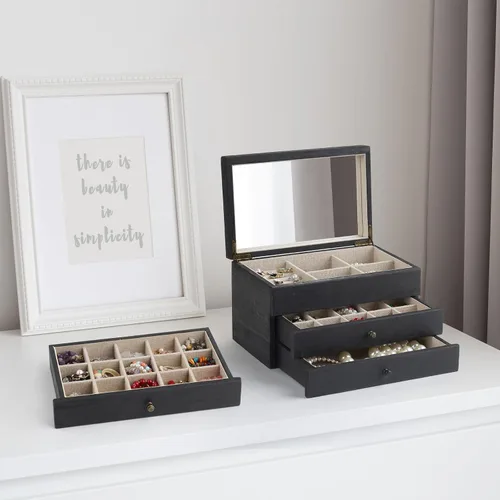 Miniatura 4 de Meangood Caja Organizadora de Joyería para Mujeres, Estuche de Almacenamiento de Joyería de 3 Capas Grande, Caja de Joyería de Madera Rústica