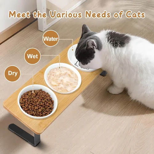 Miniatura 2 de 3 cuencos elevados para gatos inclinados antivómitos de cerámica elevados para alimentos y agua, platos para gatos de interior con soporte