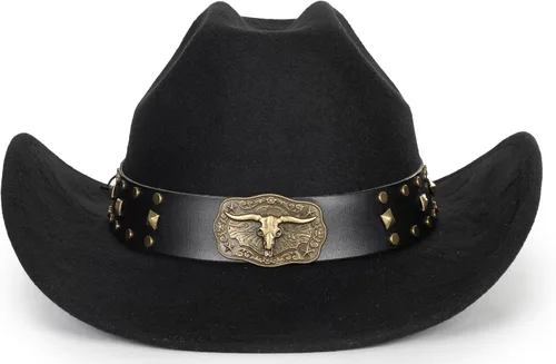 Miniatura 25 de Sombrero de vaquero clásico de fieltro occidental para mujeres y hombres de ala ancha con hebilla de cinturón (tamaño: mediano-grande)