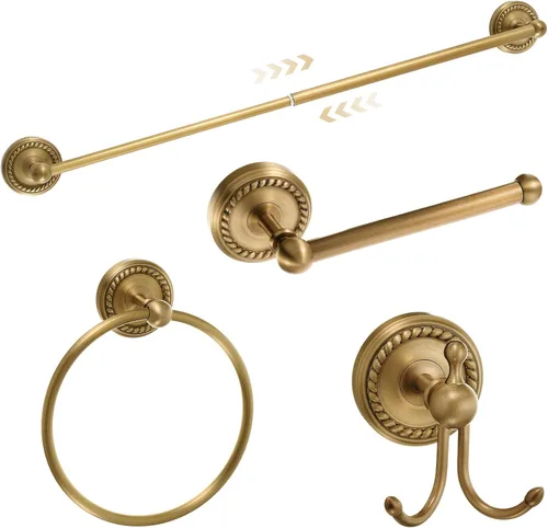 Miniatura 12 de Juego de 4 piezas de accesorios de baño de latón antiguo dorado, juego de toallero montado en la pared y anillo para toallas y soporte para papel