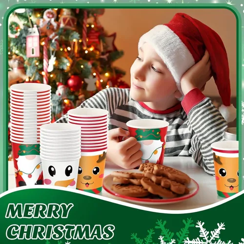 Miniatura 4 de Zhehao 300 vasos de papel de Navidad de 9 onzas, desechables, 6 estilos, pan de jengibre, Papá Noel, elfo, muñeco de nieve, alce, enano, tazas