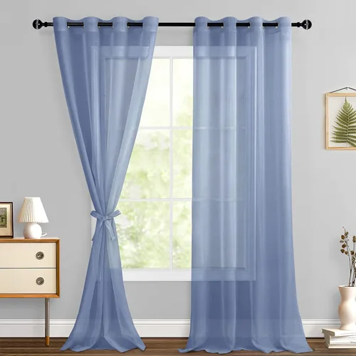 Miniatura 183 de Hiasan - Cortinas traslúcidas de gasa cortas semitransparentes con ojales y alzapaños filtrantes de luz para ventana, dormitorio, baño, 2 paneles