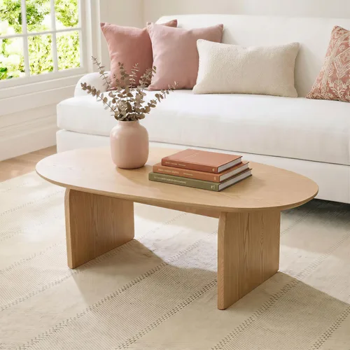 Miniatura 8 de Honyee - Mesa de centro moderna ovalada, pequeñas mesas de centro para la sala de estar - Parte superior de madera de roble con patas sólidas, mesa