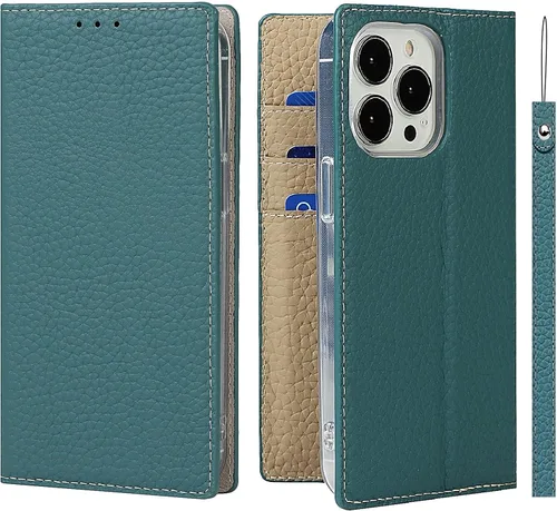 Miniatura 13 de iCoverCase Compatible con iPhone 13 Pro Max, funda magnética de piel auténtica con bloqueo RFID, correa para la muñeca y ranuras para tarjetas, Rojo