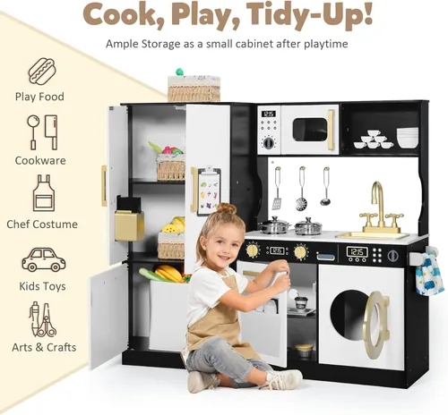 Miniatura 3 de TODEFULL Juegos de cocina para niños, juego de cocina de madera para niños, cocina de juguete interactiva con congelador, lavadora, máquina de hielo