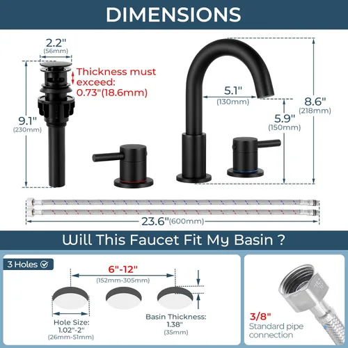 Miniatura 5 de FGKQ Grifo de baño negro para lavabo de 3 orificios, grifo de lavabo de baño con desagüe emergente, grifo de tocador extendido de 8 pulgadas de 3