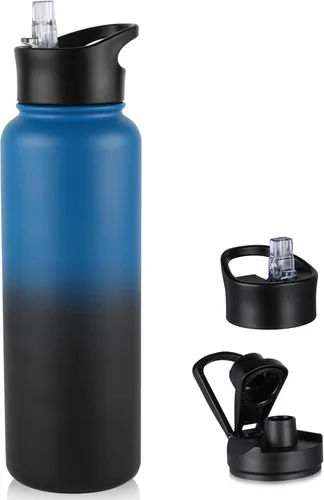 Miniatura 55 de Botella de agua aislada de 64 onzas con tapas de pajita y boquilla, jarra de agua de acero inoxidable de medio galón con mango de paracord, vacío