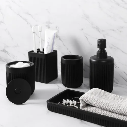 Miniatura 10 de XLHOMO Juego de accesorios de baño de resina beige de 5 piezas, dispensador de jabón y loción, soporte para cepillo de dientes, vaso de baño, porta