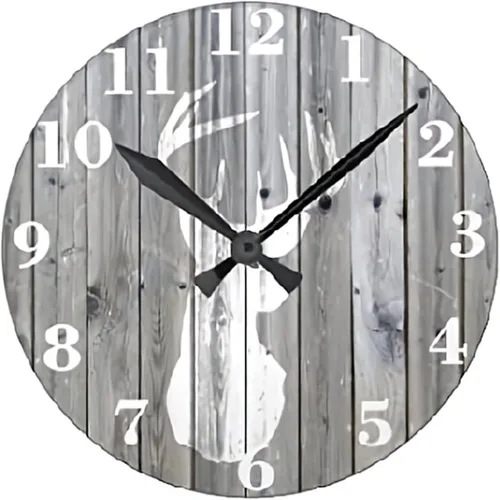 Reloj de pared con cabeza de ciervo blanco, color gris, vintage, de madera, redondo, decoración de pared, 10.0 in, funciona con pilas, gran reloj de