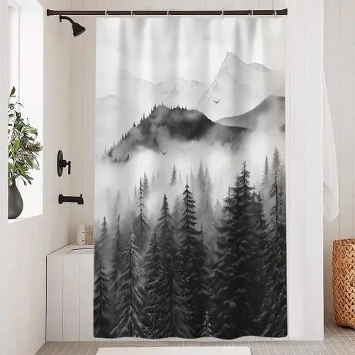 Miniatura 9 de Cortina de ducha pequeña en blanco y negro, juego de cortina de ducha de bosque brumoso para baño, impermeable, decoración de baño de montaña