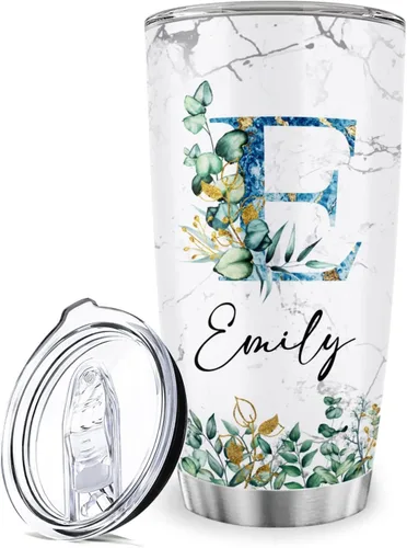 Miniatura 8 de Vaso de café de acero inoxidable personalizado con inicial y nombre, taza de café con monograma floral para niña, vaso de viaje de acero inoxidable