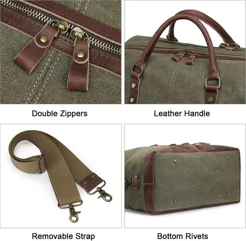 Miniatura 6 de S-ZONE - Bolsa de viaje de lona sobredimensionada con adornos de cuero genuino, bolsa deportiva de hombro de fin de semana, bolso de fin de semana