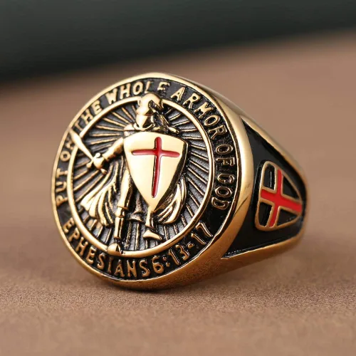 Miniatura 5 de HZMAN Knights Templar Put On The Whole Armor of God Efesios 613-17 Anillo de acero inoxidable para hombre con diseño de Cruz Roja