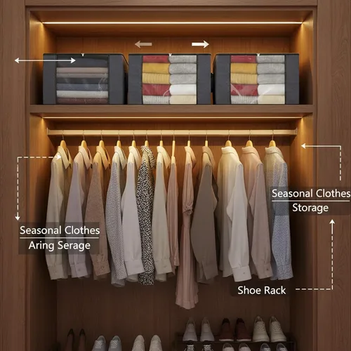 Miniatura 5 de Bolsas de almacenamiento grises de 90 L con tapas, cremallera y ventana transparente, paquete de 3 organizadores plegables grandes de armario