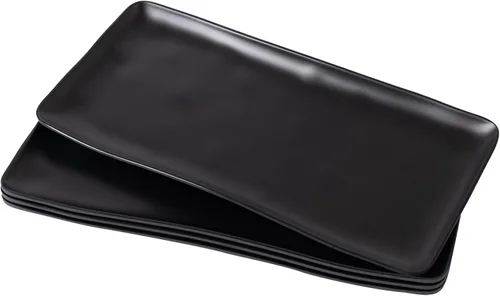 Juego de bandejas y platos rectangulares de melamina para servir, juego de 4, 14" x 7" platos negros mate para fiestas para servir comida, ensalada,