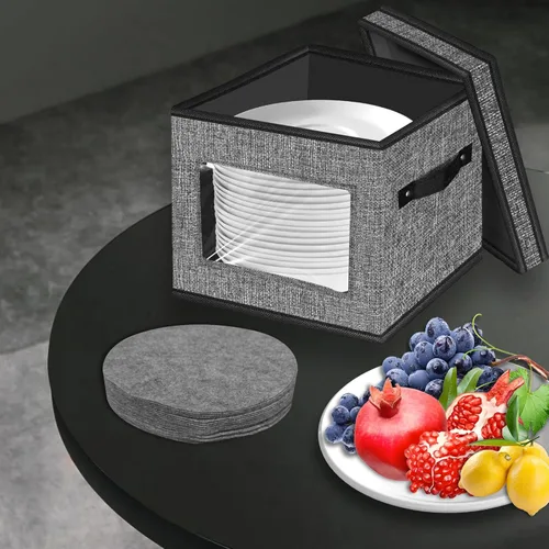 Miniatura 8 de homyfort Contenedores de almacenamiento de China con tapa y asas, caja de almacenamiento de vajilla para platos con 12 separadores de fieltro