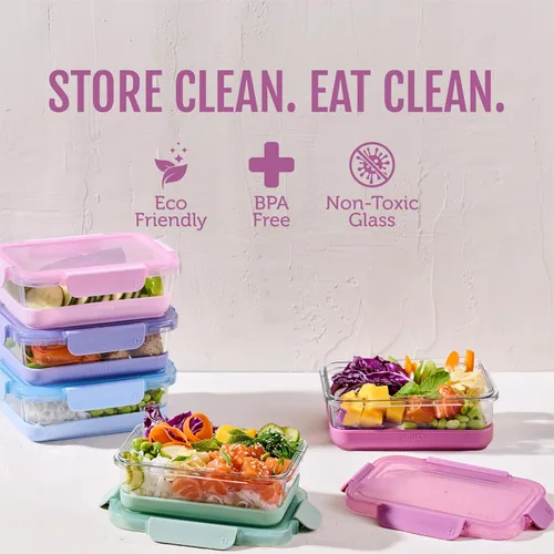 Miniatura 2 de Ello Duraglass Refresh - Juego de 5 recipientes de vidrio para almacenamiento de alimentos de 3.4 tazas con funda de silicona y tapas de plástico