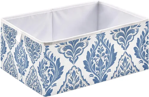 Miniatura 2 de Kigai Cubos de almacenamiento plegables de tela de 11 x 11 pulgadas con patrón de damasco azul y blanco, cajas plegables para organizar el hogar