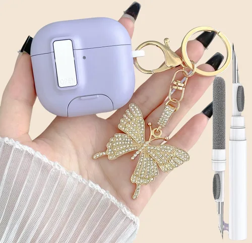 Miniatura 11 de Bonita funda rosa para Airpods de 4 generación con cerradura y llavero de mariposa brillante para mujeres femeninas, funda rígida transparente única