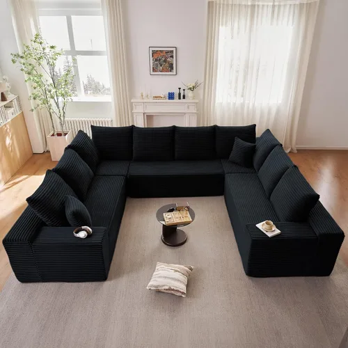 Miniatura 76 de Sofá modular de 95 pulgadas con otomana, moderno sofá nube de pana con asiento profundo, sofá sin hueso tapizado de 3 plazas en forma de U para sala
