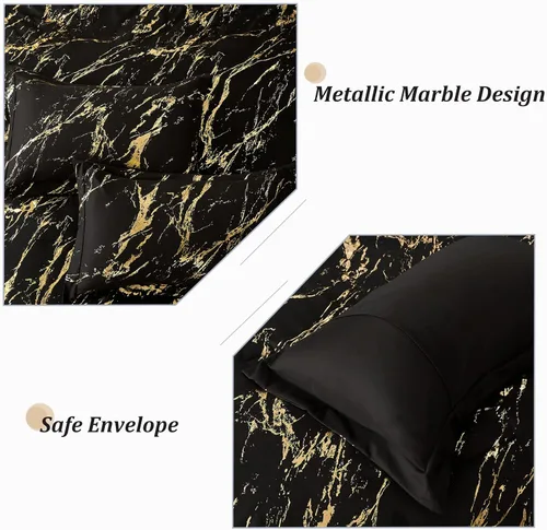 Miniatura 5 de WONGS BEDDING Juego de edredón de mármol metálico negro dorado Queen con estampado de lámina brillante y purpurina, juegos de ropa de cama con 2