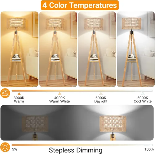 Miniatura 27 de OUTON - Lámpara de pie de trípode de madera con estantes, lámpara de pie de mediados de siglo con control remoto, 4 temperaturas de color, lámpara