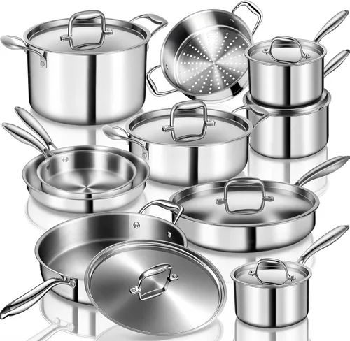 EWFEN Juego de utensilios de cocina de acero inoxidable, juego de ollas y sartenes de 17 piezas de 3 capas de acero inoxidable, seguro para horno y