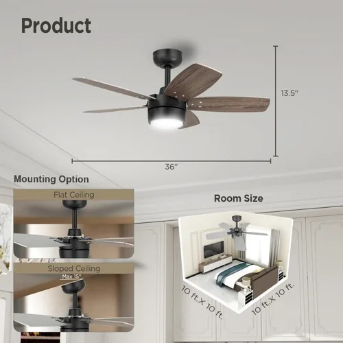 Miniatura 5 de Ventilador de techo de 36 pulgadas para habitación pequeña: Ventiladores de techo modernos con control remoto de luz - Motor CC silencioso