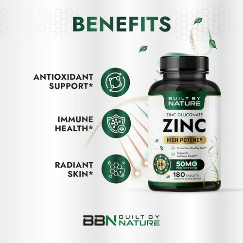 Miniatura 2 de Built By Nature Zinc 50 mg – Gluconato de zinc para un apoyo inmune y antioxidante altamente absorbible – Promueve la salud de la piel, los ojos