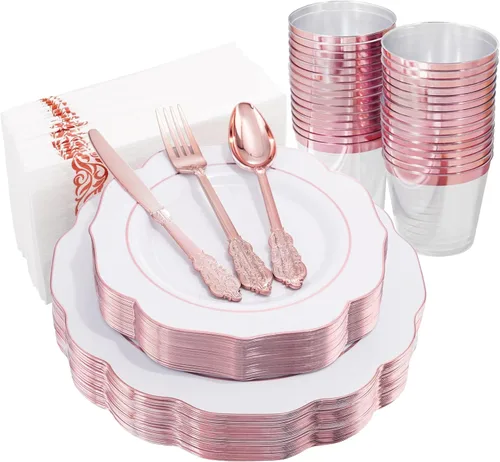 NOCCUR 175 platos de plástico color oro rosa con cubiertos desechables, incluye 25 platos de cena, 25 platos de postre, 25 tenedores, 25 cuchillos,