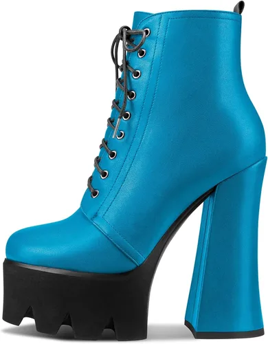 Miniatura 2 de HDEUOLM Botas de tobillo con tacón alto de bloque grueso para mujer, puntera redonda, botines cortos con cordones y cremallera, zapatos clásicos