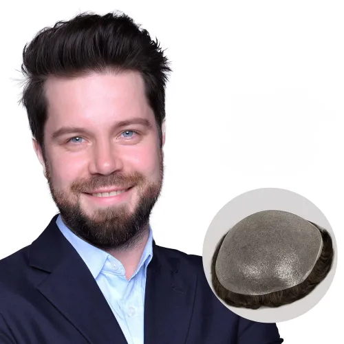 Amiable toupee para hombres 0.001 in ultra suave piel fina para hombre, pieza de cabello humano real para hombres, sistema de reemplazo de cabello
