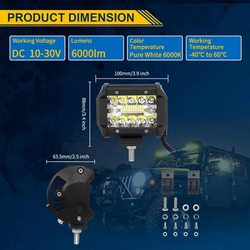 Miniatura 6 de RIGIDON 2 Piezas Luces Antiniebla LED de 4 Pulgadas 10cm 60W, Combo de Focos de Inundación de Triple Fila 8D 6000LM Luces de Trabajo LED, 12V 24V