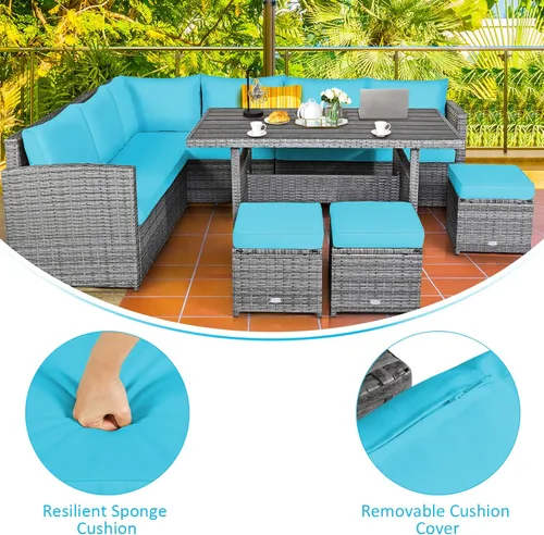 Miniatura 7 de Tangkula Juego de muebles de patio para 6, 7 piezas para todo tipo de clima, sofá seccional de mimbre de polietileno resistente con mesa de comedor