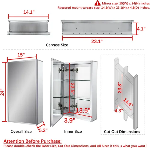 Miniatura 3 de Fundin Botiquín de aluminio para baño con puerta de espejo de doble cara sin marco, 15 pulgadas x 24 pulgadas, montaje en superficie o empotrado