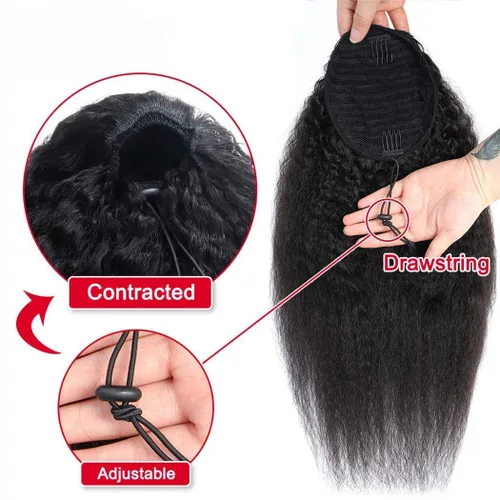 Miniatura 3 de Extensión de cola de caballo con cordón, cabello humano afro rizado para mujeres negras, extensiones de cabello virgen brasileño Remy Yaki