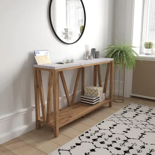 Miniatura 2 de Flash Furniture Charlotte Farmhouse - Mesa consola de 2 niveles, marco de madera de ingeniería con acabado de roble cálido, mesa con acabado