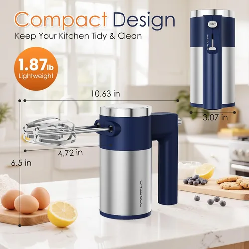 Miniatura 7 de Batidora de mano potente de 600W, batidora eléctrica de 5 velocidades para hornear, batidor de mano ligero de acero inoxidable *2 y ganchos para Azul