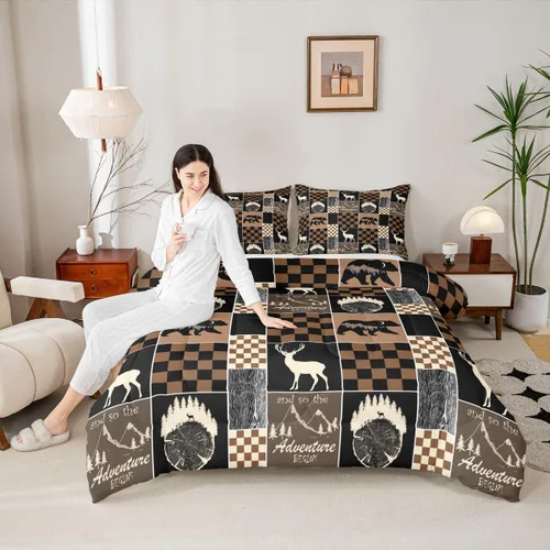 Miniatura 58 de Juego de edredón de oso y ciervo, tamaño individual, ropa de cama de animales salvajes de caza, colcha rústica de cabaña, casa de campo, cuadros