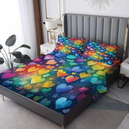 Miniatura 10 de Juego de sábanas de tamaño individual con diseño de corazón, sábanas de microfibra suave y bolsillo profundo, sábanas y fundas de almohada