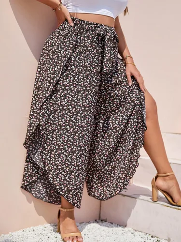 Miniatura 3 de MakeMeChic Pantalones de pierna ancha con cintura alta y lazo frontal para mujer, talla grande