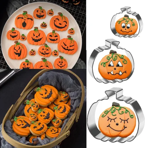 Miniatura 3 de Juego de cortadores de galletas de calabaza, 4 pulgadas, 3.22 pulgadas, 2 pulgadas, cortadores de galletas grandes para otoño, Halloween, Acción
